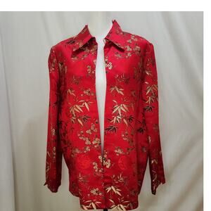 Silk Chinese Stitched Floral Asian Red Open Jacket, Size X-Large